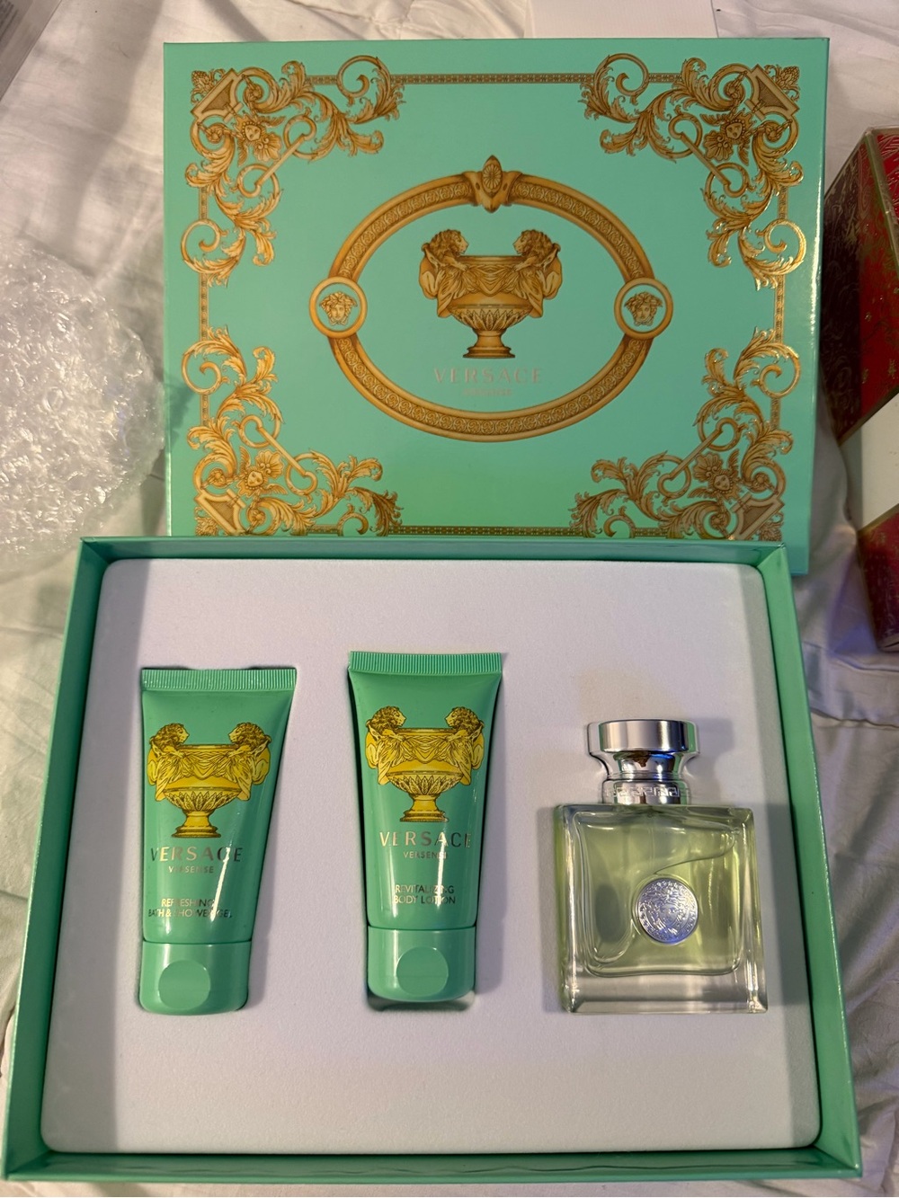 Versace Aqua Green Bath & Body Trio with Gold Accents